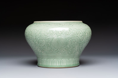 A Chinese celadon-glazed 'Flower Scroll' jar, Qianlong