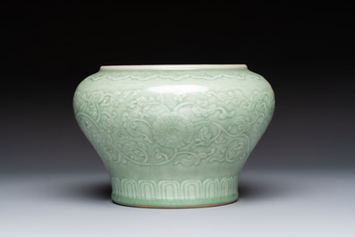 A Chinese celadon-glazed 'Flower Scroll' jar, Qianlong
