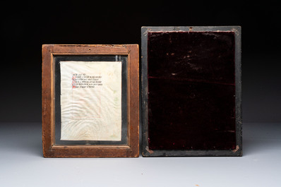 Two framed Flemish miniatures on parchment and paper, one a page from an illuminated book of hours, 19th C.