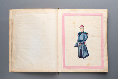 Two albums containing 12 and 13 Chinese Canton rice paper paintings, 19th C.