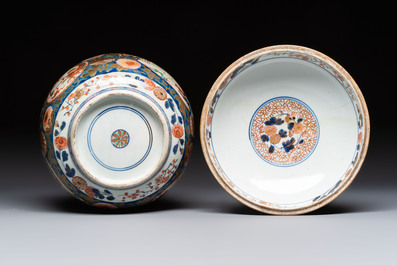 Two Japanese Imari covered bowls, one mounted in silver and wood and the other with gilt-bronze mounts, Meiji, 19th C.