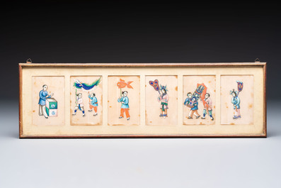 Seven frames containing 33 Chinese Canton rice paper paintings, 19th C.