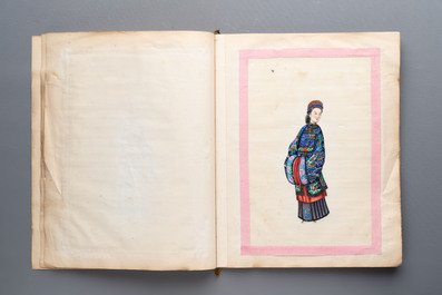 Two albums containing 12 and 13 Chinese Canton rice paper paintings, 19th C.