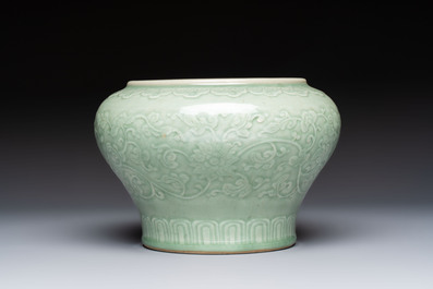 A Chinese celadon-glazed 'Flower Scroll' jar, Qianlong