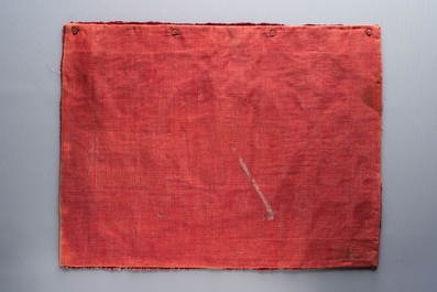 A Spanish crimson velvet and gilt brocade embroidery bearing the impaled arms of de la Cueva and Mendoza, 16/17th C.
