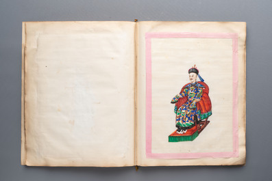 Two albums containing 12 and 13 Chinese Canton rice paper paintings, 19th C.