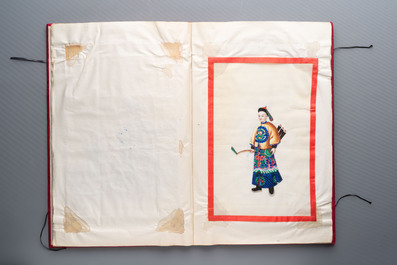 Two albums containing 12 and 13 Chinese Canton rice paper paintings, 19th C.