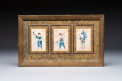 Seven frames containing 33 Chinese Canton rice paper paintings, 19th C.