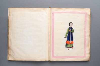 Two albums containing 12 and 13 Chinese Canton rice paper paintings, 19th C.