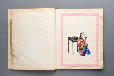 Two albums containing 12 and 13 Chinese Canton rice paper paintings, 19th C.