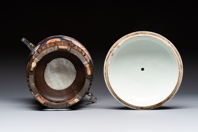 Two Japanese Imari covered bowls, one mounted in silver and wood and the other with gilt-bronze mounts, Meiji, 19th C.