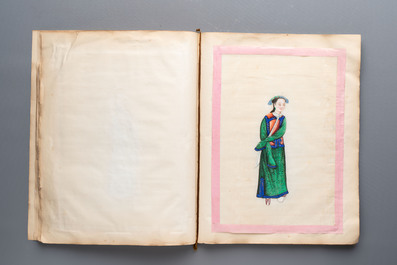 Two albums containing 12 and 13 Chinese Canton rice paper paintings, 19th C.