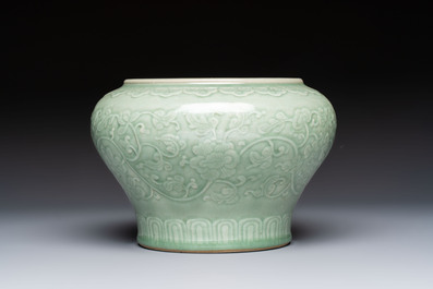 A Chinese celadon-glazed 'Flower Scroll' jar, Qianlong