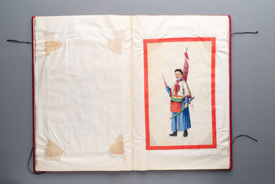 Two albums containing 12 and 13 Chinese Canton rice paper paintings, 19th C.