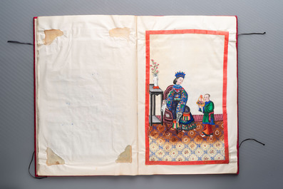 Two albums containing 12 and 13 Chinese Canton rice paper paintings, 19th C.