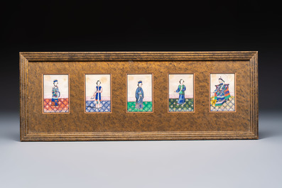 Seven frames containing 33 Chinese Canton rice paper paintings, 19th C.