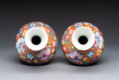 A pair of Chinese famille rose 'Millefleur' vases, Qianlong mark, Republic