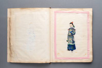 Two albums containing 12 and 13 Chinese Canton rice paper paintings, 19th C.
