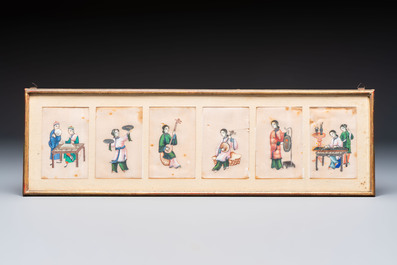 Seven frames containing 33 Chinese Canton rice paper paintings, 19th C.