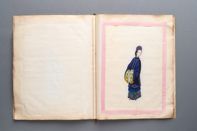 Two albums containing 12 and 13 Chinese Canton rice paper paintings, 19th C.