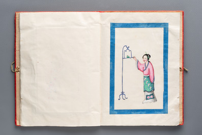 An album containing 12 Chinese Canton rice paper paintings, 19th C.