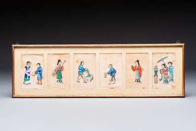 Seven frames containing 33 Chinese Canton rice paper paintings, 19th C.