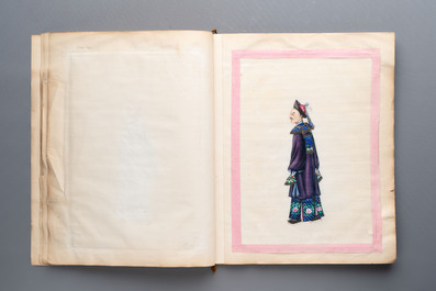 Two albums containing 12 and 13 Chinese Canton rice paper paintings, 19th C.