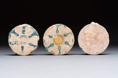 Five polychrome maiolica floor tiles from the castle of Breda, attributed to the Guido Andries workshop, Antwerp, 1535-1550