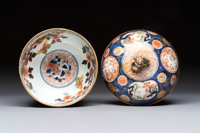 Two Japanese Imari covered bowls, one mounted in silver and wood and the other with gilt-bronze mounts, Meiji, 19th C.