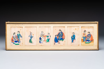 Seven frames containing 33 Chinese Canton rice paper paintings, 19th C.