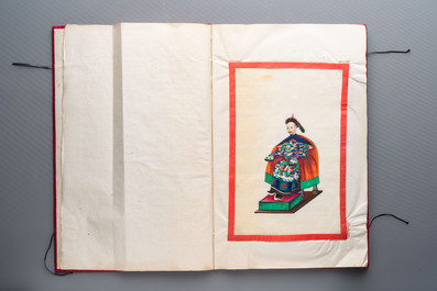 Two albums containing 12 and 13 Chinese Canton rice paper paintings, 19th C.