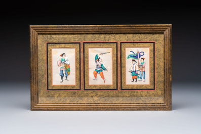 Seven frames containing 33 Chinese Canton rice paper paintings, 19th C.