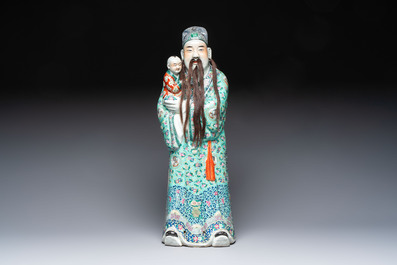 A large Chinese famille rose figure of Fu Xing, Zhu Mao Ji Zao 朱茂記造 mark, Republic