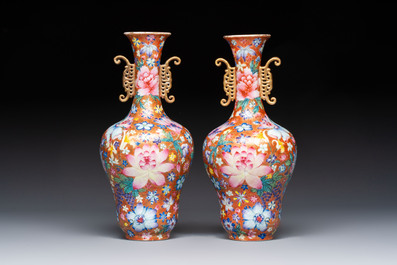 A pair of Chinese famille rose 'Millefleur' vases, Qianlong mark, Republic