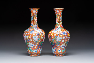 A pair of Chinese famille rose 'Millefleur' vases, Qianlong mark, Republic