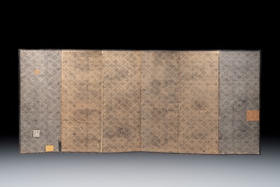 A Japanese six-panel folding screen or byōbu depicting children playing with an elephant, ink, colour and gold leaf on paper, Meiji, 19th C.