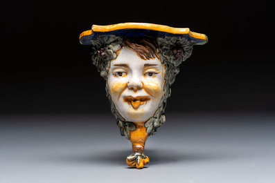 A polychrome Italian maiolica 'Faun Head' wall console, 19th C.