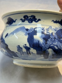 A Chinese blue and white censer depicting two sages in a mountainous landscape, Kangxi