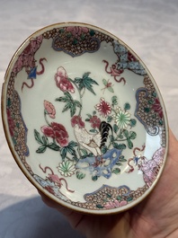 A Chinese famille rose 'Xi Xiang Ji' plate, a 'Rooster' saucer, and a 'Lowestoft' covered teapot, Yongzheng/Qianlong