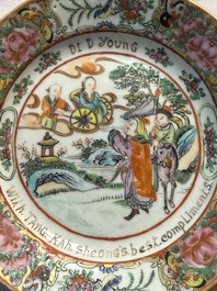 A rare Chinese Canton famille rose saucer inscribed 'Dr. D. Young', 19th C.