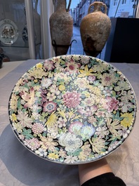 A Chinese famille rose 'Millefleurs' plate, a 'Dragons' plate, and a Nanking famille verte caf&eacute;-au-lait-ground bowl, Qianlong marks, 19/20th C.