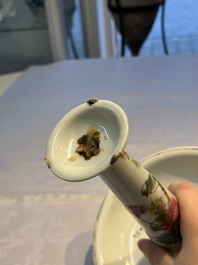 A Chinese famille rose 'Peacock' covered bowl, a candlestick and a stembowl, Guangxu mark and of the period, 19/20th C.