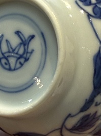 Nine Chinese blue and white cups and 12 saucers, Kangxi