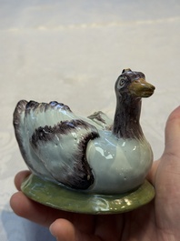 A pair of rare polychrome Dutch Delft duck-form tureens and covers, 18th C.