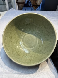 A large Chinese Longquan celadon 'Floral' bowl, Ming