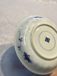 Nine Chinese blue and white cups and 12 saucers, Kangxi