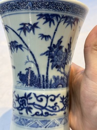 A Chinese blue and white 'Gu' vase with birds among flowering branches, Jiajing mark, 19th C.