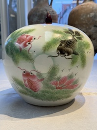 Two Chinese famille rose vases, two jars, a 'Lions' covered teapot and a Buddha, signed Mao Zirong 毛子榮 and Liu Jishun 劉吉順, 19/20th C.