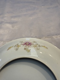 A Chinese famille rose 'Millefleurs' plate, a 'Dragons' plate, and a Nanking famille verte caf&eacute;-au-lait-ground bowl, Qianlong marks, 19/20th C.