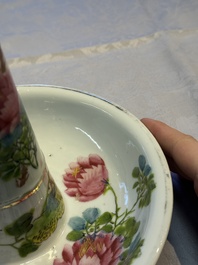 A Chinese famille rose 'Peacock' covered bowl, a candlestick and a stembowl, Guangxu mark and of the period, 19/20th C.